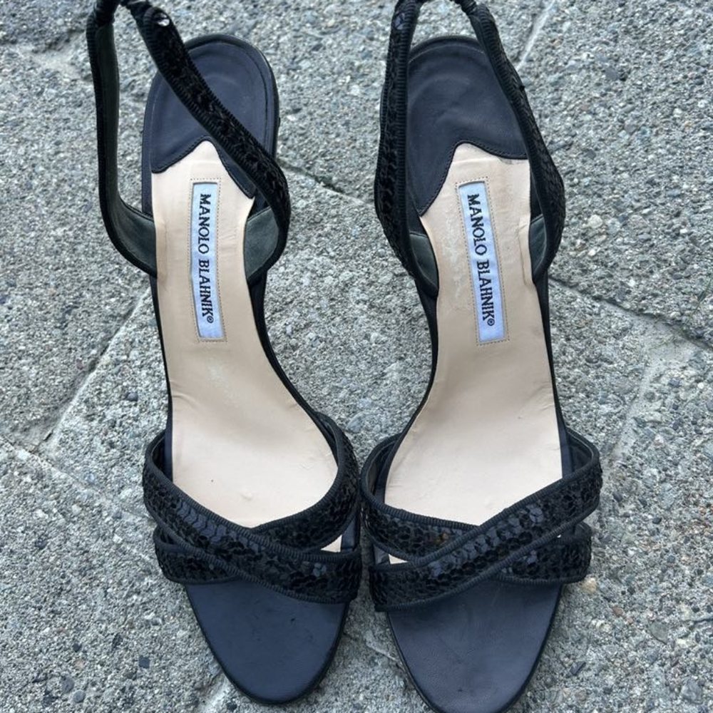 Manolo Blahnik black strappy sparkle heels.